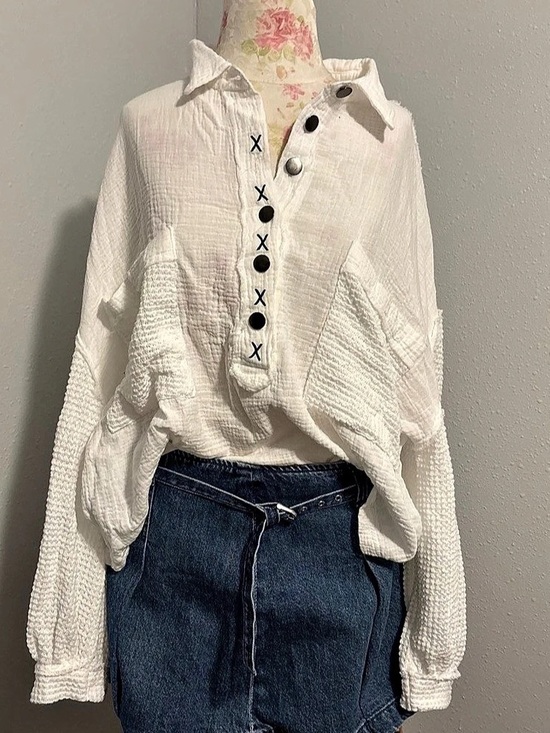 POL Tops - POL Waffle K and Double Gauze Button Down Top White Large